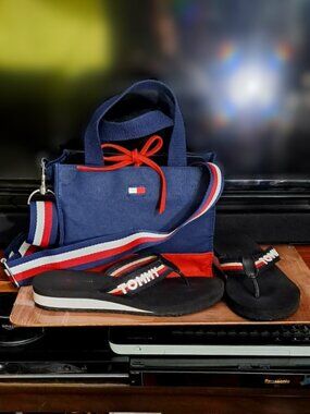 Tommy Hilfiger Canvas Tote Crossbody & Logo Webbing Strap Wedge Flip-Flop Set